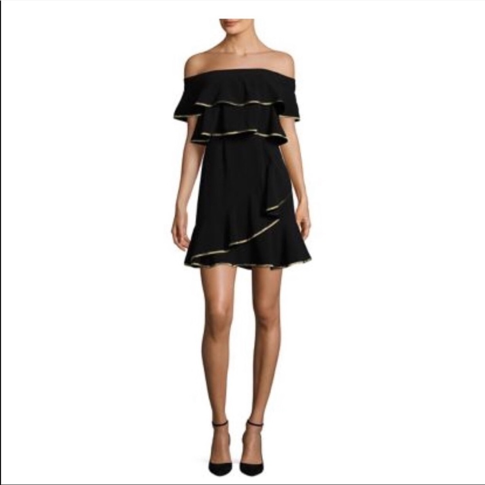 WAYF XS Holiday party dress black gold trim ruffles off shoulder wrap